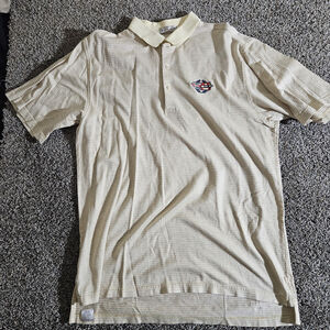 Peter Millar Mens Golf Polo Size L Yellow Red/Blue Dot Short Sleeve Long Tail‎